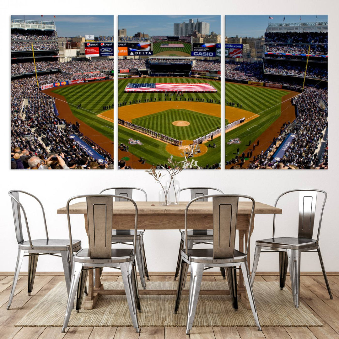 The Yankee Stadium New York wall art print features a vibrant scene of baseball fans with a large flag and players, expertly capturing the spirit of the game. This ready-to-hang décor is perfect for adding a dynamic touch to any space.