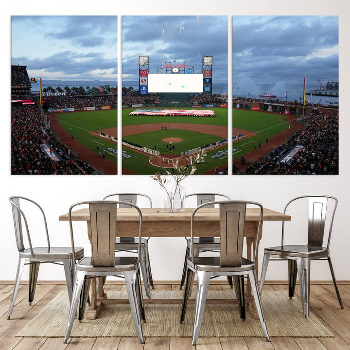 This framed 3-panel canvas MLB wall art features a giant flag and fans under a cloudy sky at Oracle Park.