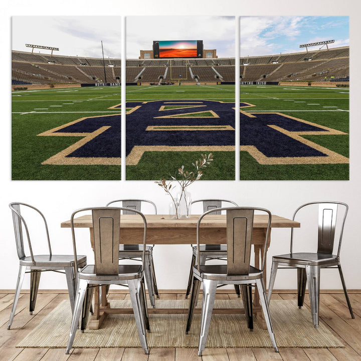 Notre Dame Stadium Triptych: This ready-to-hang giclee canvas print features a vibrant depiction of the football field adorned with an A logo and a stunning sunset.