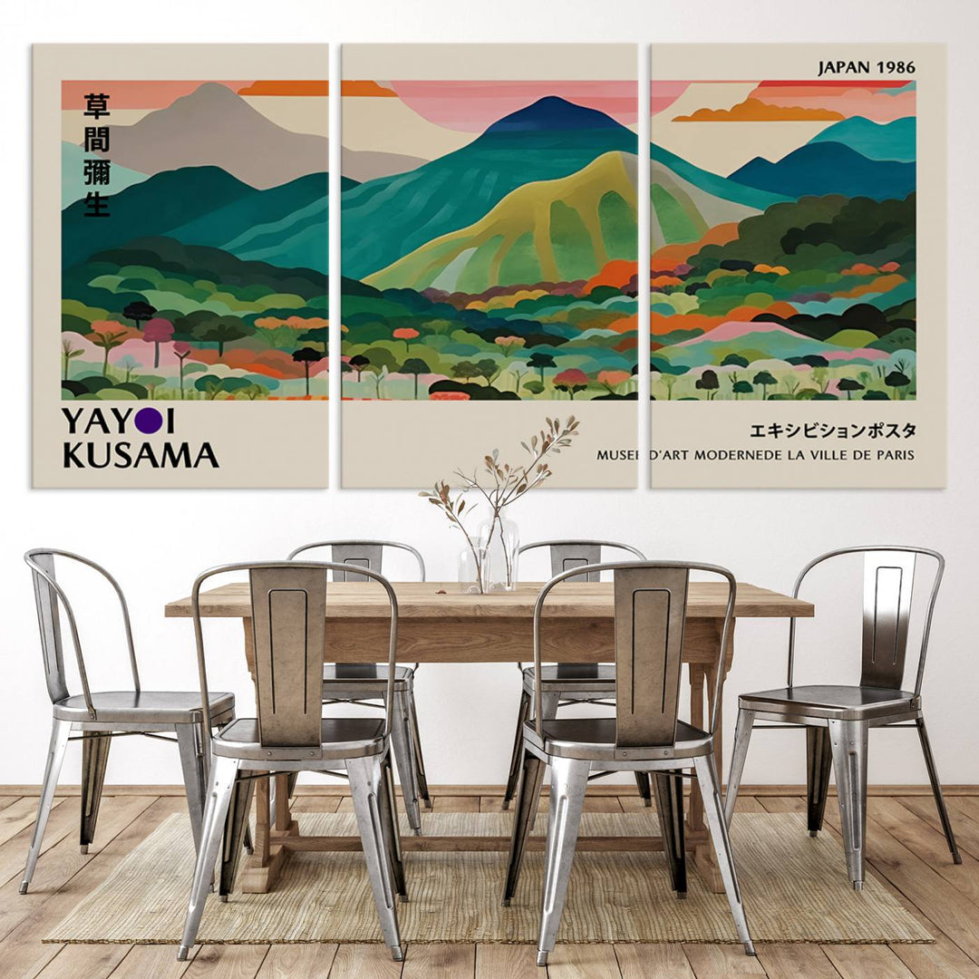 Vibrant Kusama landscape canvas featuring floral mountains and botanical decor, ideal for a modern home.