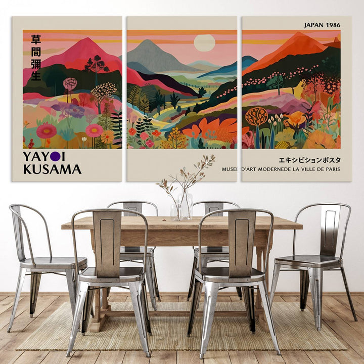 The Yayoi Kusama Landscape Print features vibrant floral mountains with abstract designs, ideal for modern decor.