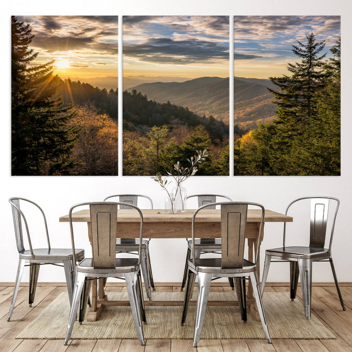 The dining area is beautifully decorated with the Sunrise Over the Smoky Mountains Canvas Wall Art – a breathtaking scenic landscape photography in a stunning triptych that's ready to hang.