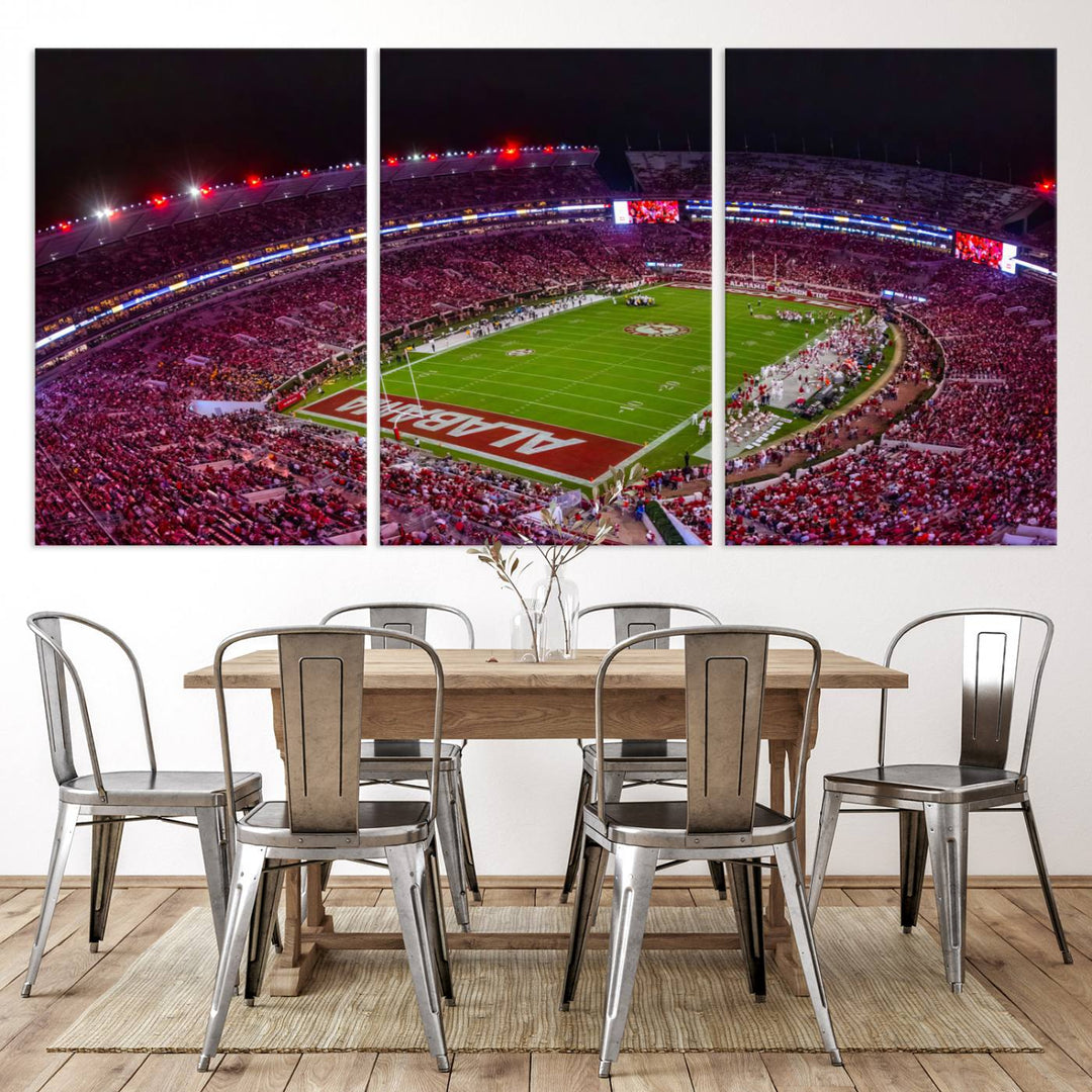 A stunning triptych canvas wall art of the Bryant-Denny Stadium Night Game perfectly captures the energy and excitement of an Alabama Crimson Tide football match at night.