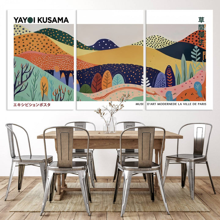 A triptych featuring the Framed Yayoi Kusama 1986 Wall Art Print hangs above. This Japanese Wabi Sabi inspired piece, rich in vibrant abstract landscapes, adds an elegant touch to any nature-inspired décor.