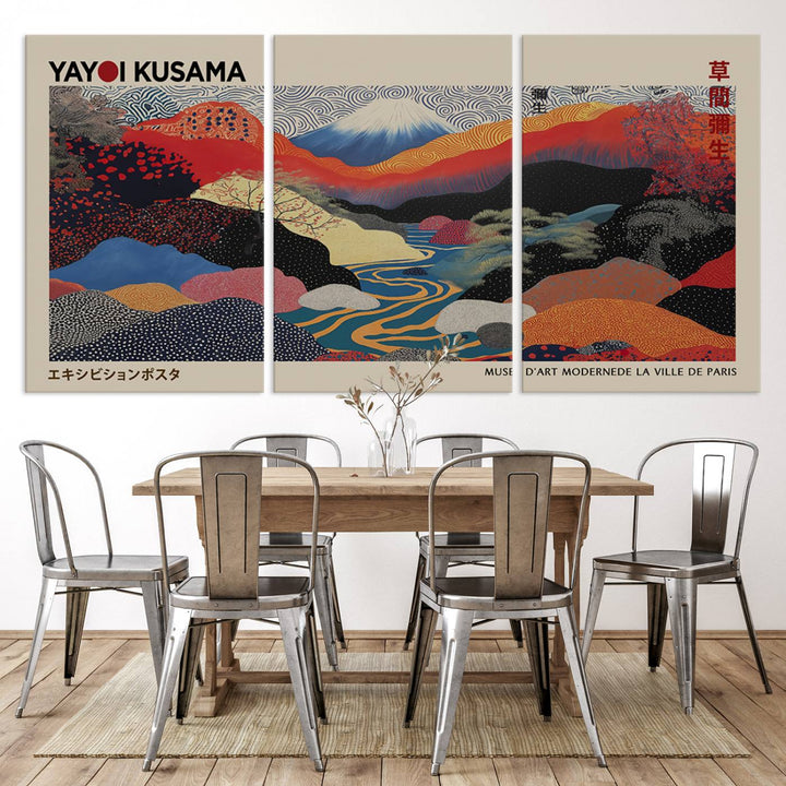 The room showcases Kusamas 1986 vibrant abstract landscape wall art print.