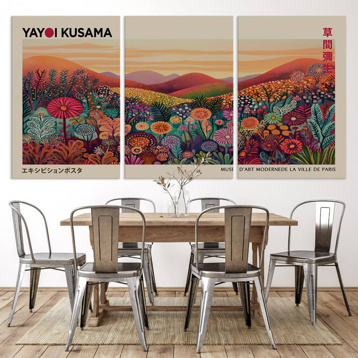 The room is adorned with a triptych artwork depicting colorful flowers and hills, incorporating the "Framed Yayoi Kusama 1986 Wall Art Print" – a vibrant abstract landscape canvas print that blends Japanese Wabi Sabi themes into contemporary nature-inspired décor.