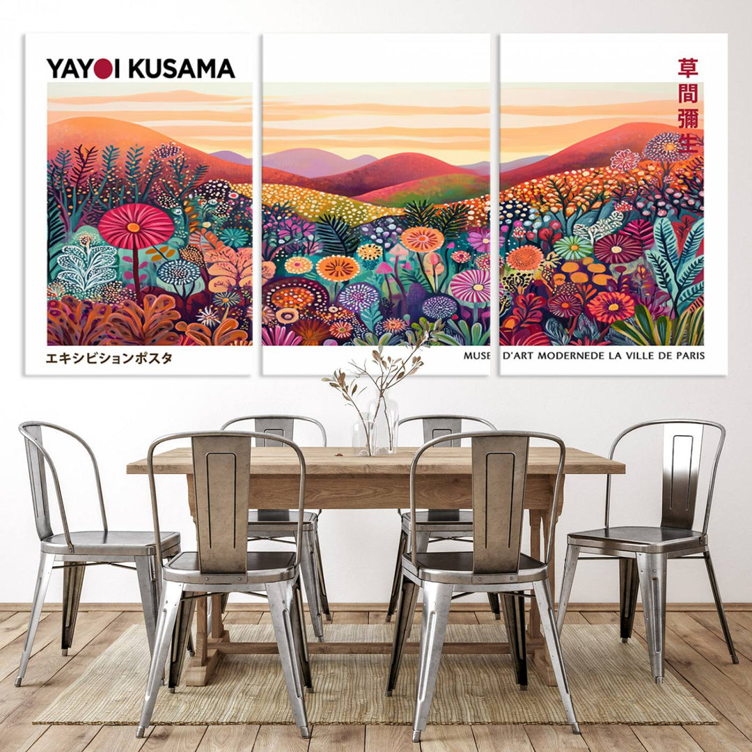 A Framed Yayoi Kusama 1986 Wall Art Print, showcasing a vibrant abstract landscape with flowers and reflecting the Wabi Sabi style, is displayed.