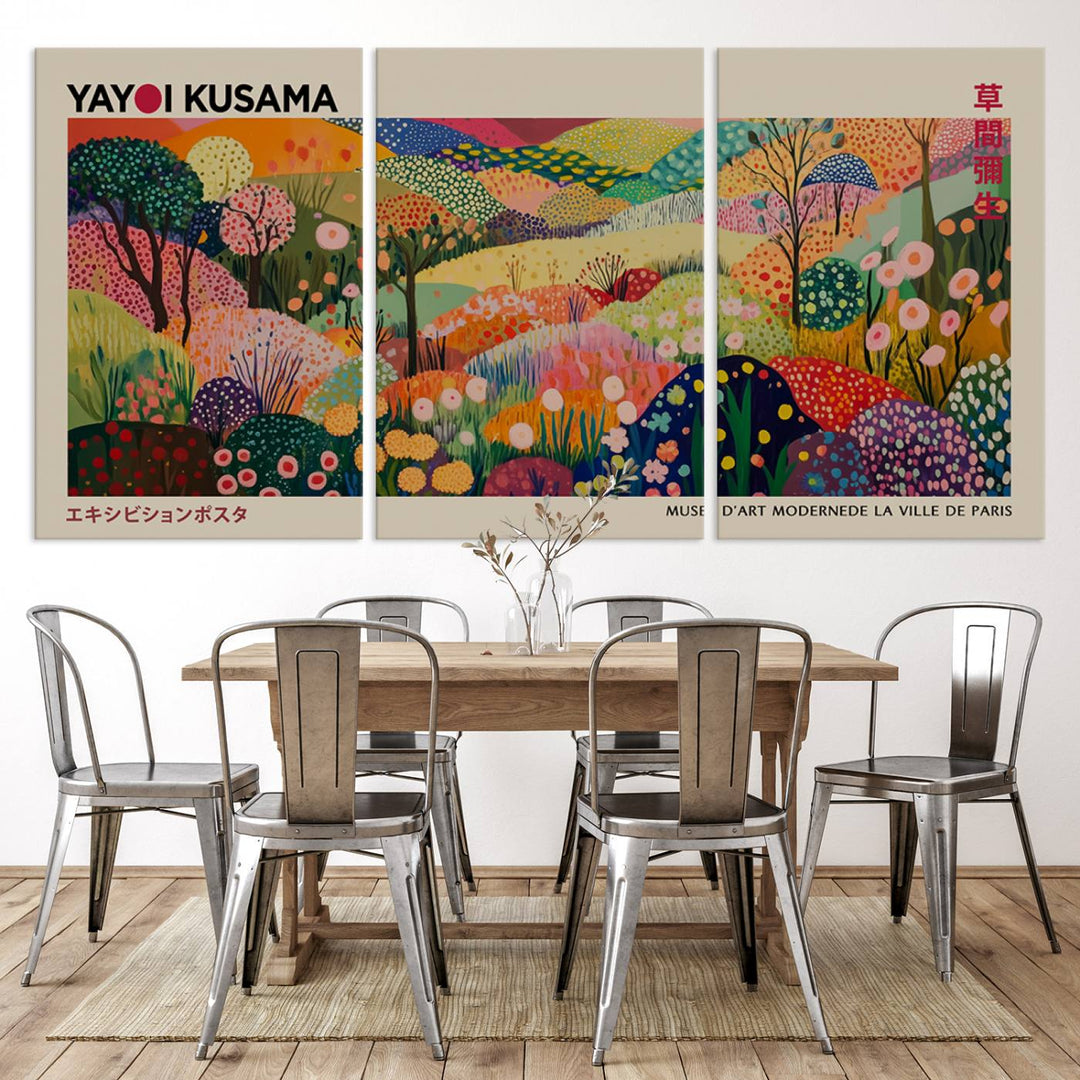 The Framed Yayoi Kusama 1986 Wall Art Print, a vibrant abstract landscape canvas inspired by Japanese design, adds a striking element to the bright room.