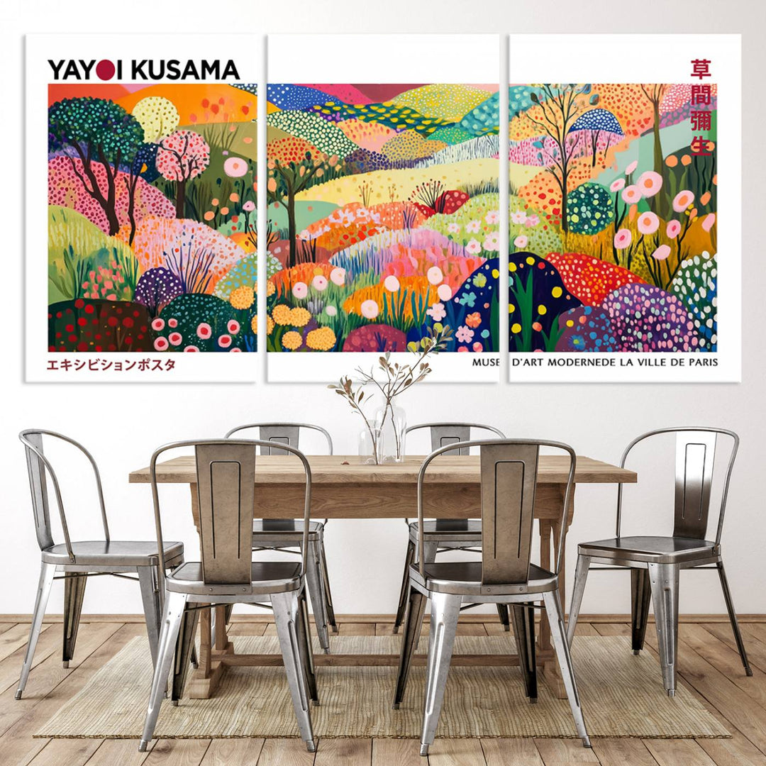 The Framed Yayoi Kusama 1986 Wall Art Print enhances the space.