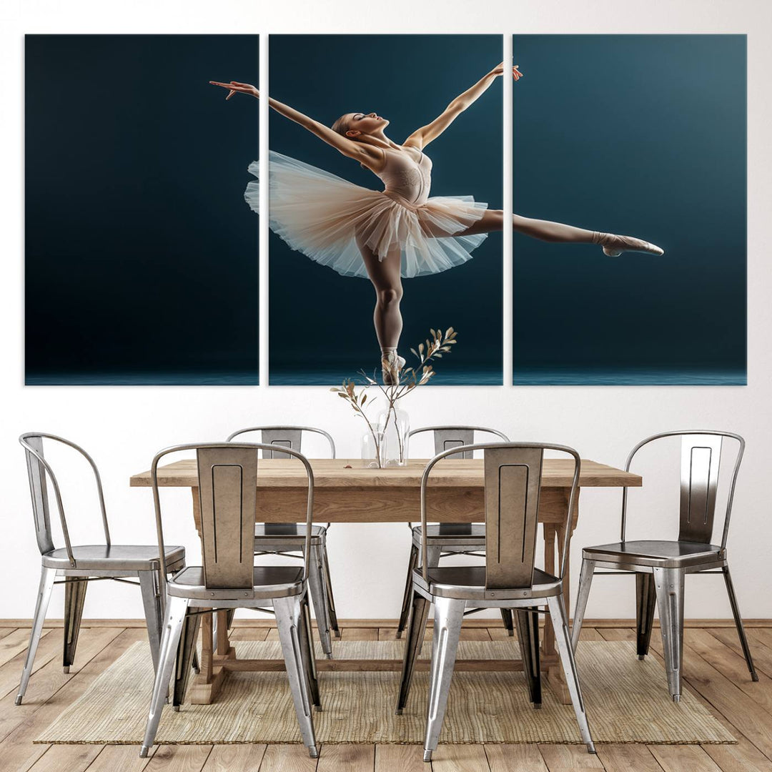 This stunning Ballerina Canvas Wall Art Print captures the elegance of a ballet dancer in motion, beautifully highlighted against a stage-like backdrop with delicate decor and natural elements. As graceful dance-inspired wall decor, it adds an element of grace and movement to any living room, office, or bedroom and is ready to hang.