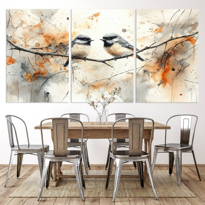 The living room features abstract watercolor chickadee bird art on the wall.