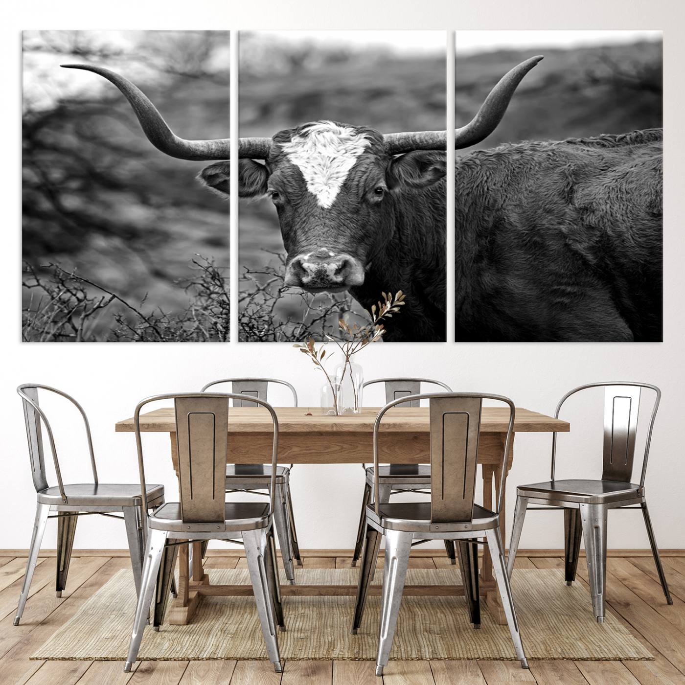 76200-MGV-CV-36X24-Western Home Wall Art Canvas Print, Framed Texas Longhorn Art Picture Print, Rustic Cow Perfect Rustic Farmhouse Decor Artwork