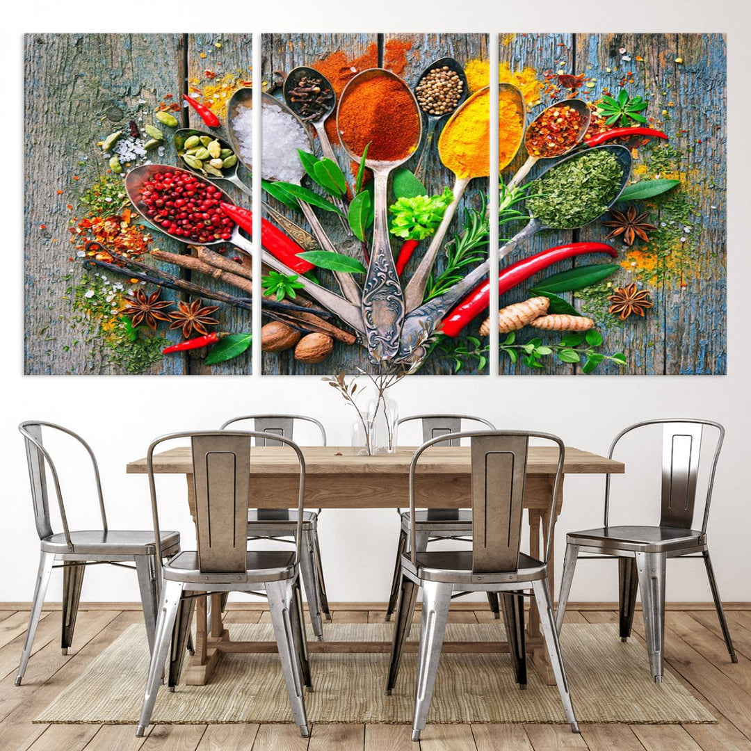 Vibrant Spoonful of Spices kitchen wall art canvas, a culinary triptych ideal for any dining room decor.