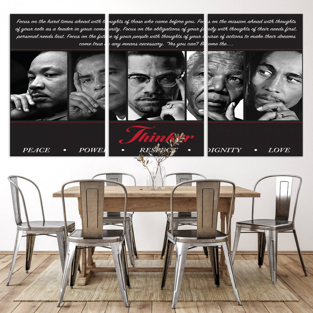 The wall art is a black and white piece featuring iconic figures accompanied by the words Thinker Peace Power Respect Dignity.