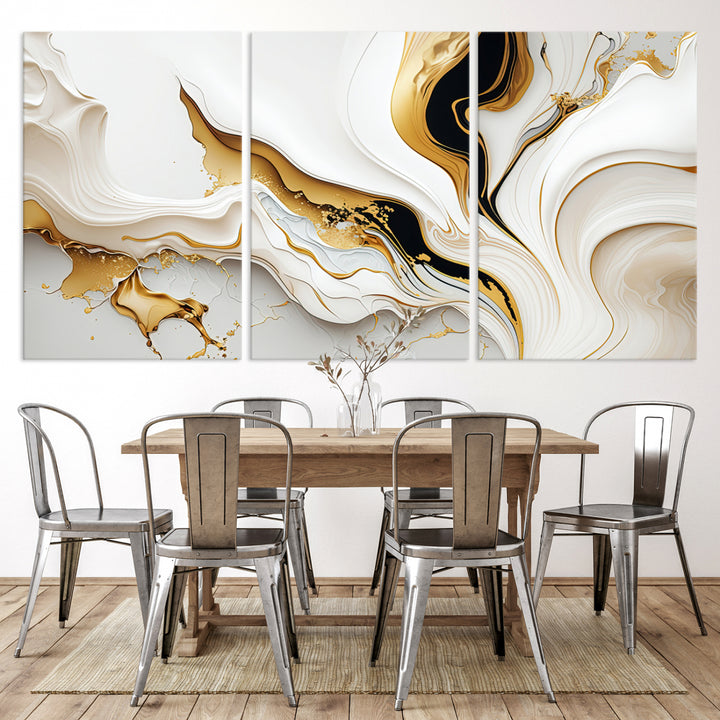 Modern interiors showcase Gold Waves on Pure White Canvas.