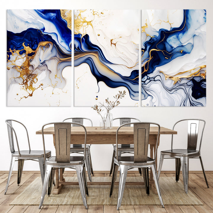 Golden Cascades on Midnight Blue wall art swirls above, featuring gold and white accents.