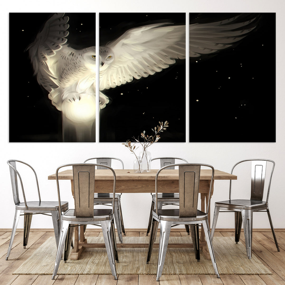 The Night Owl Art graces the wall with its depiction of a snowy owl on a glowing orb, perfect for modern decor.