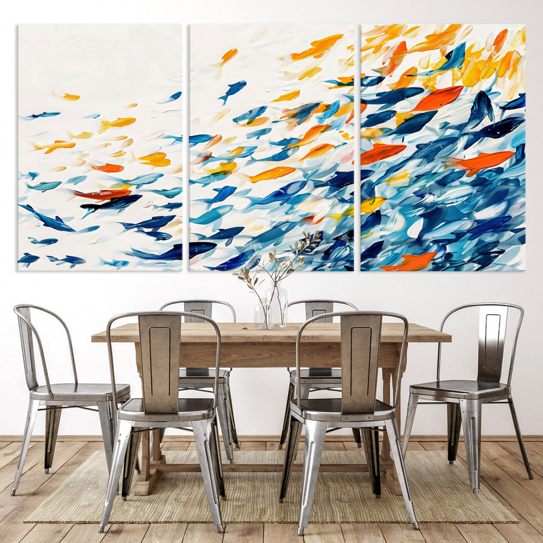 A colorful Abstract Fish Shoal Canvas Print hangs on the wall.