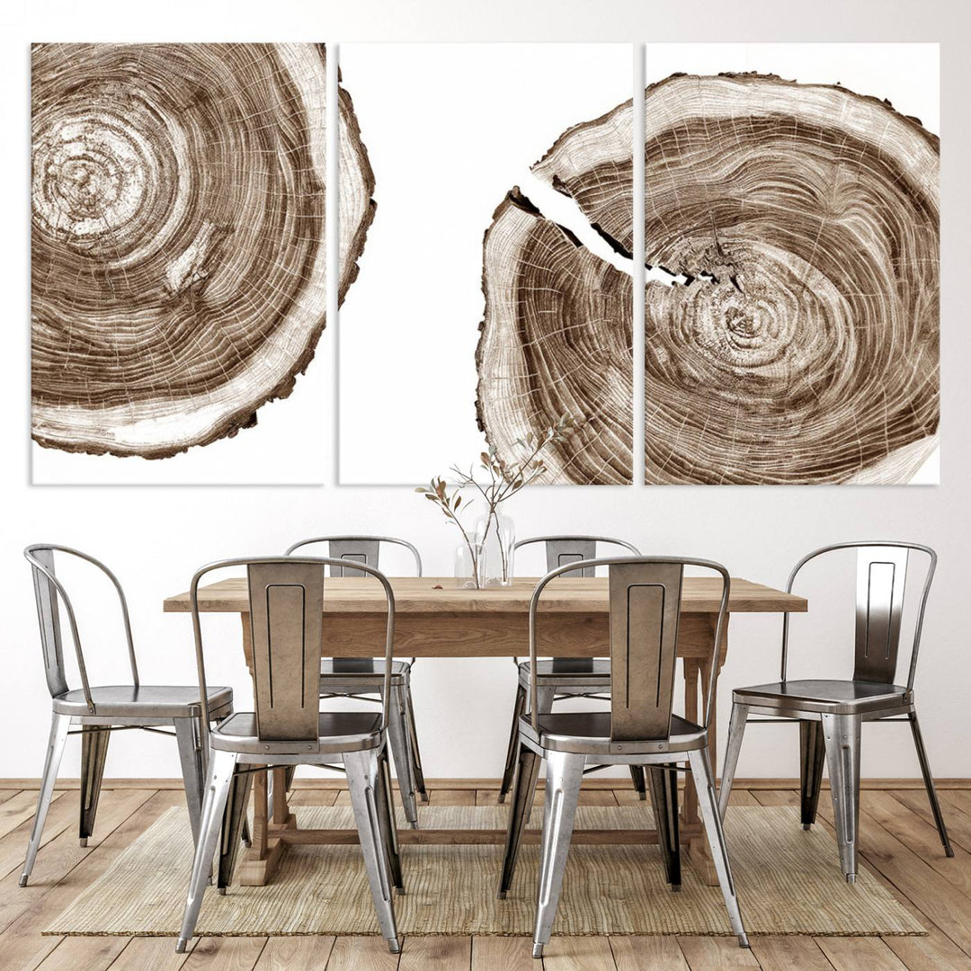 Wood Tree Ring Wall Art on a minimalist black and white canvas.