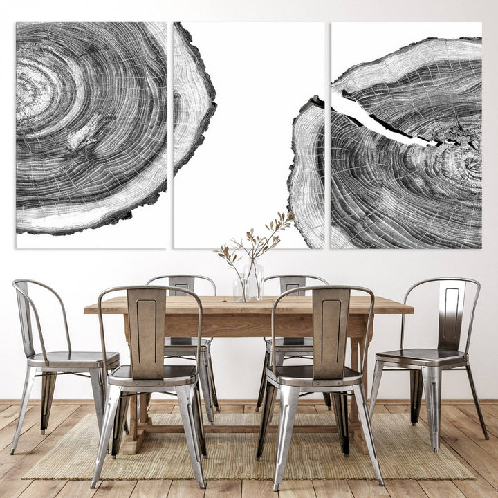 The minimalist art piece Abstract Large Tree Rings on canvas creates a striking focal point.