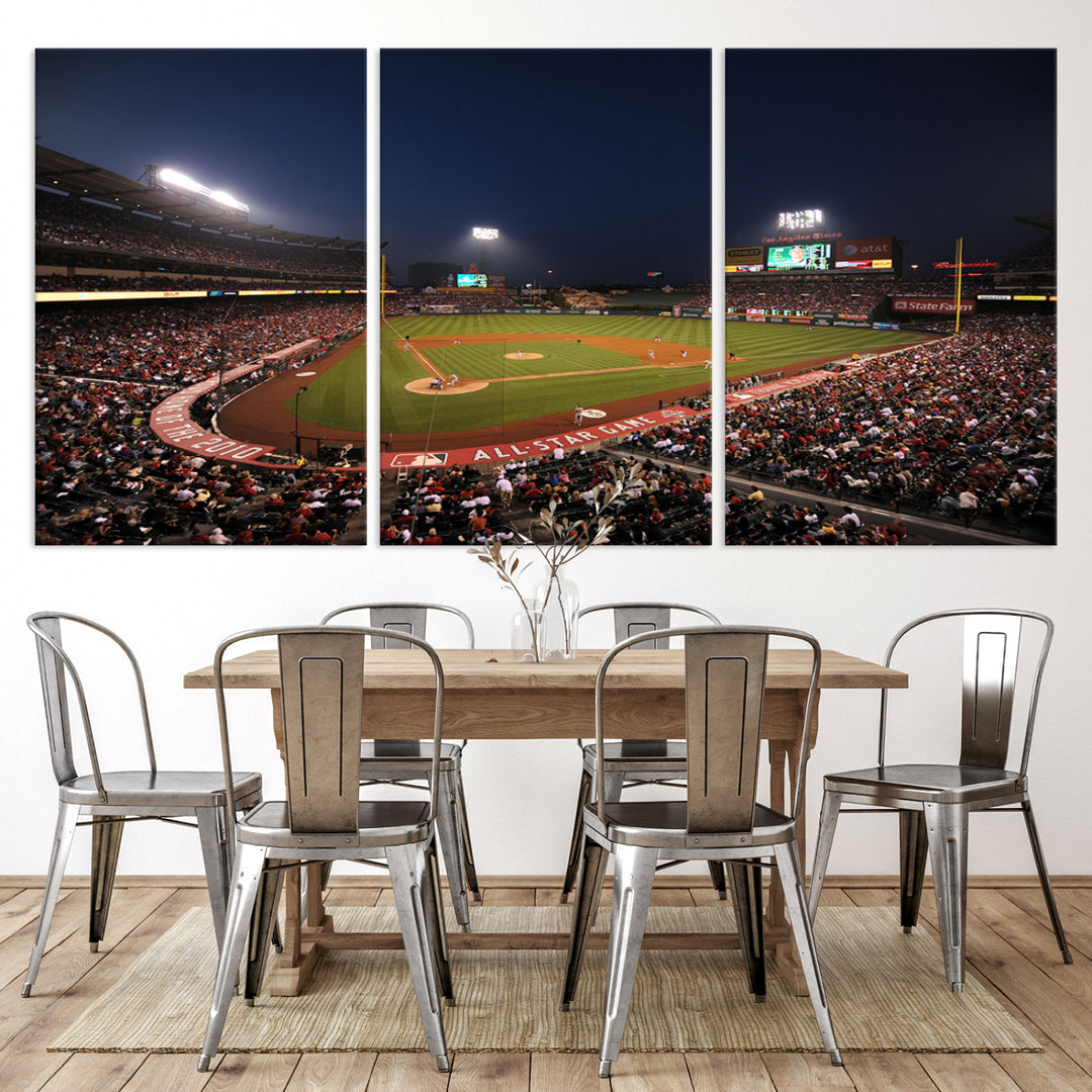 Aerial view of an LA Angels game at night, captured as stunning wall art on premium canvas, handmade in the USA.