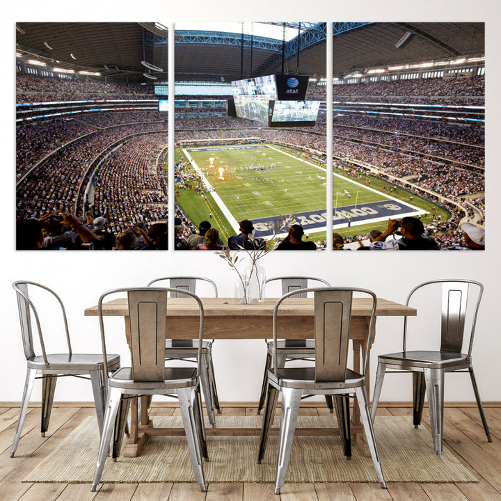 The wall art is a Dallas Cowboys AT&T Stadium Canvas Print, showcasing the iconic logo.