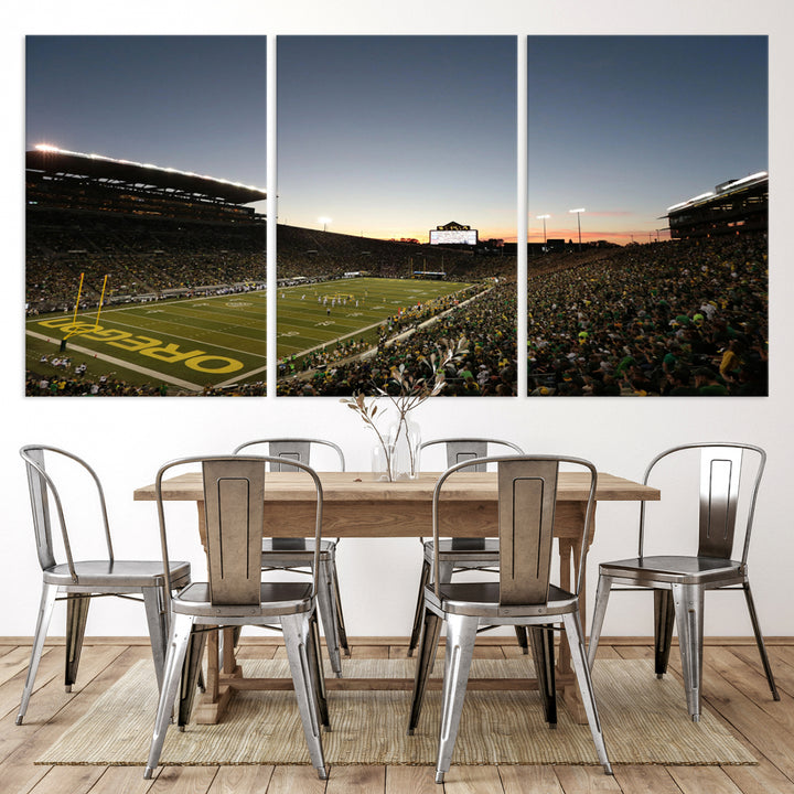 Canvas artwork depicting an Oregon Ducks football game at Autzen Stadium, capturing a sunset and packed stands.