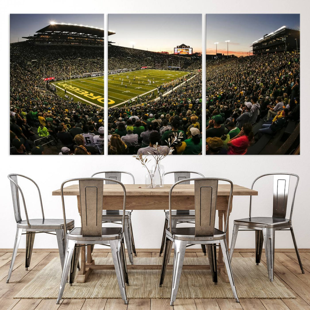 Autzen Stadium Evening Game Triple Canvas Wall Art - Oregon Ducks Football Match