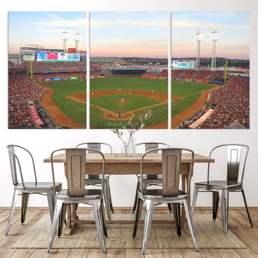 Cincinnati Reds game at sunset: Stadium wall art canvas.