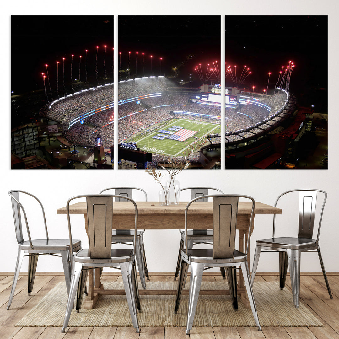 Aerial view of Gillette Stadium with fireworks and flag—ideal for a New England Patriots canvas print.