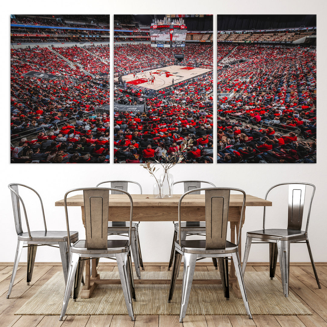 A painting of Louisville Cardinals fans in red at the KFC Yum Center Arena.