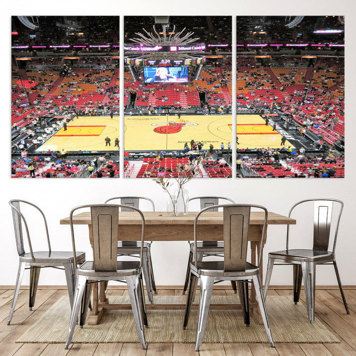 A Miami Heat Basketball Print showcases Kaseya Center Stadium Wall Art with a grand scoreboard.