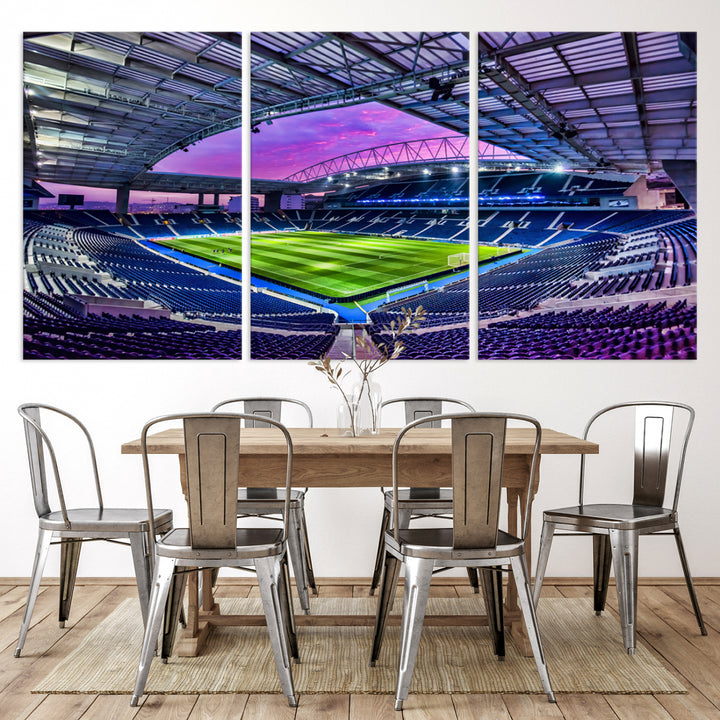 The FC Porto Soccer Team Dragon Stadium Wall Art Canvas Print decorates the room.