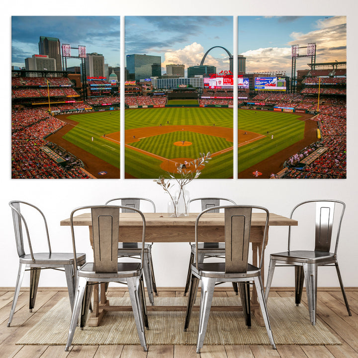 Canvas art of the St. Louis Cardinals Busch Stadium, capturing the citys skyline.