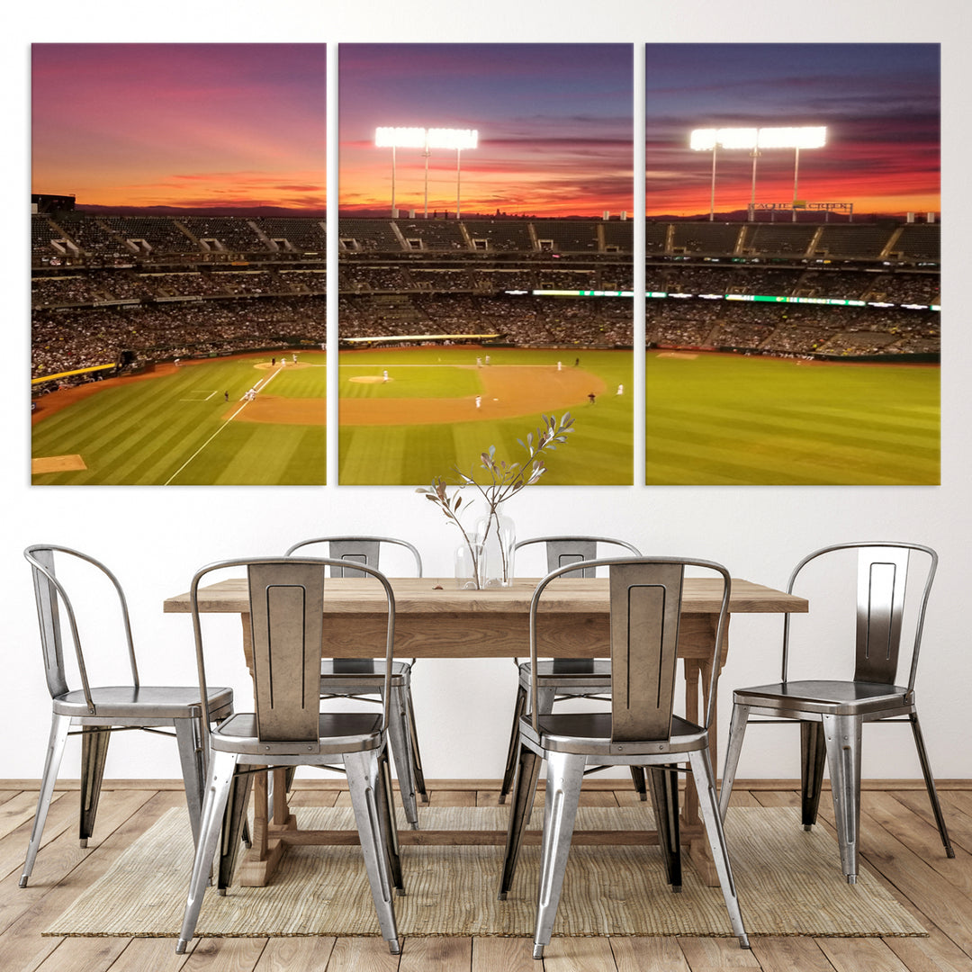 The Oakland Coliseum print is a museum-quality canvas depicting a full crowd and a sunset.