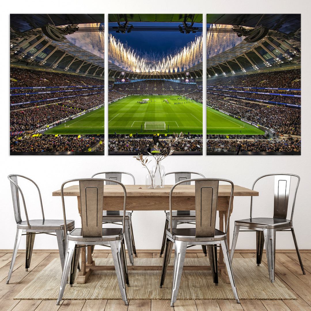 A stunning Tottenham Hotspur Stadium wall art captures the energy of a stadium packed with fans and vibrant lights.