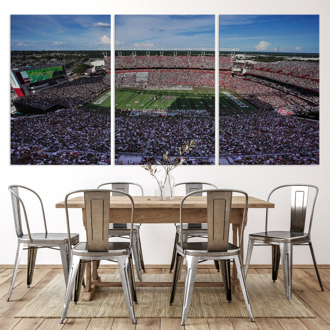 The wall art is a South Carolina Gamecocks print, showcasing Williams-Brice Stadium from a distance under clear skies.