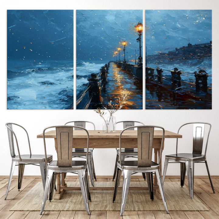 Framed 3-Panel Seaside Night Pier Oil Painting Canvas Wall Art | Ready to Hang Coastal Landscape Art for Modern Living Room, Office, or Bedroom Decor