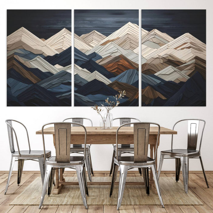 Wood Style Mountain Range Wall Art - Ready to Hang 3-Piece Set for Modern Rustic Decor, Abstract Wooden Design for Living Rooms, Bedrooms & Offices