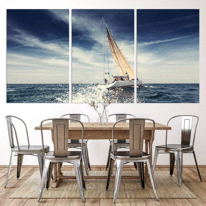 Sailboat Ocean Beach Blue Sky Wall Art Canvas Print