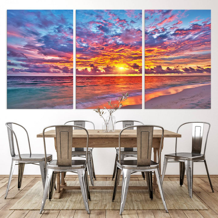 Vibrant Sunset Beach Wall Art | Ocean Sunset Canvas Print | Coastal Wall Art Decor | Ready to Hang | Stunning Sunset Scene for Home or Office Decor