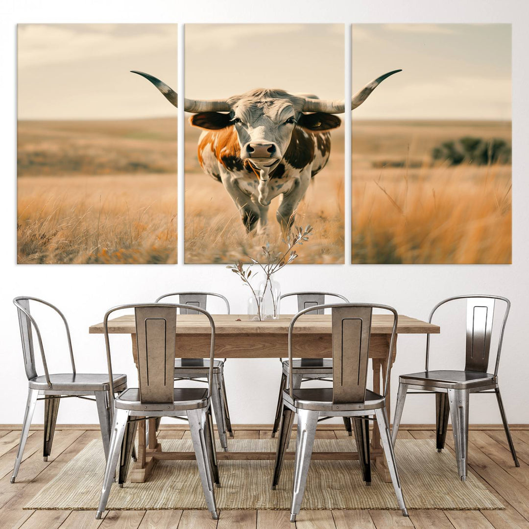 The Texas Cow Longhorn Wall Art Canvas adds rustic charm to the decor.