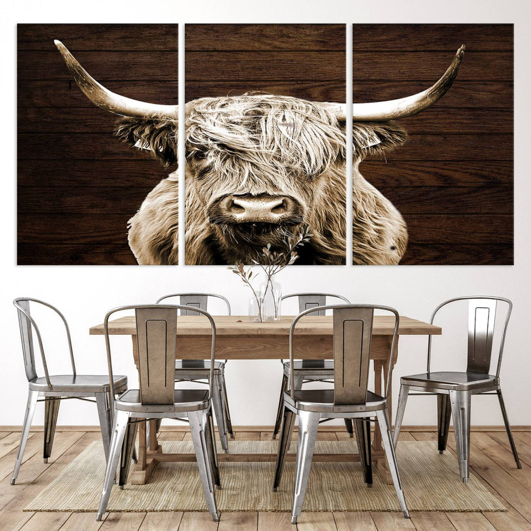 Highland Cow Wall Art Canvas Print, Rustic Farmhouse Decor, Majestic Scottish Highland Bull Portrait for Living Room – Ready to Hang