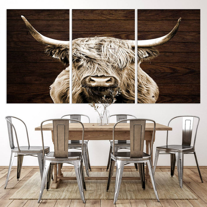 Highland Cow Wall Art Canvas Print: Majestic Scottish bull on rustic decor, ready to hang.