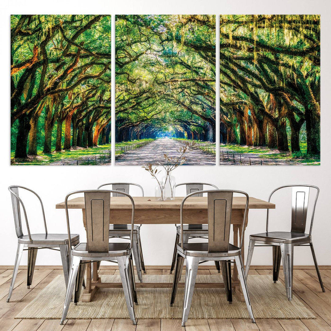 Serene Tree Tunnel Wall Art Canvas Print – Pathway Under Canopy of Lush Green Trees, Nature-Inspired Decor for Living Room – Ready to Hang