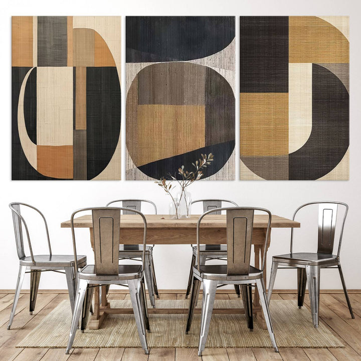 Abstract geometric canvas triptych, modern Wabi-Sabi wall art, earthy tones, giclee print, gallery wrapped for dining room.