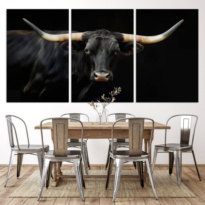 Texas Longhorn Cow | Majestic Black Bull Wall Art Canvas Print - Farmhouse Animal Decor - Ready to Hang