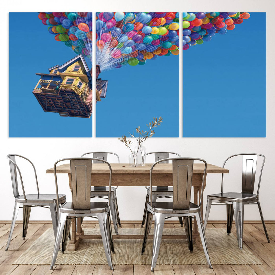 The "Carl Fredricksen, Up Movie Wall Art" features a three-panel design with a house lifted by colorful balloons, adding whimsical decor to any space.