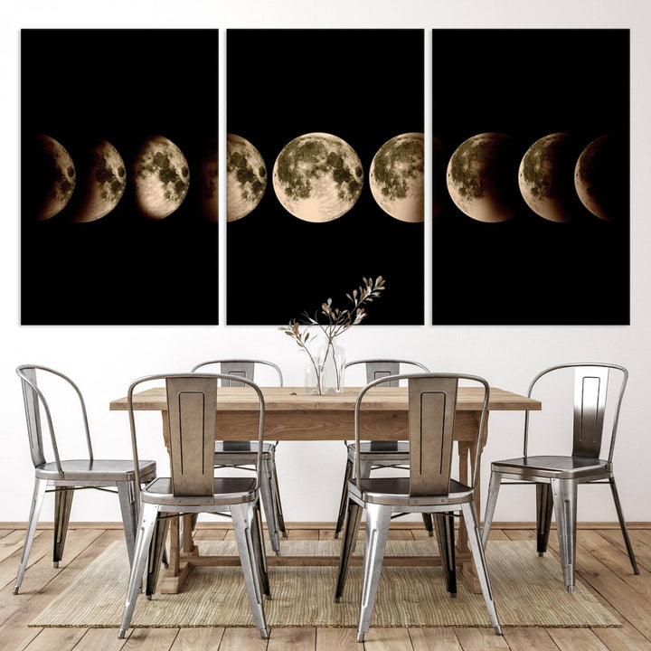 The "Phases of the Moon Wall Art" canvas print elegantly hangs on the wall.