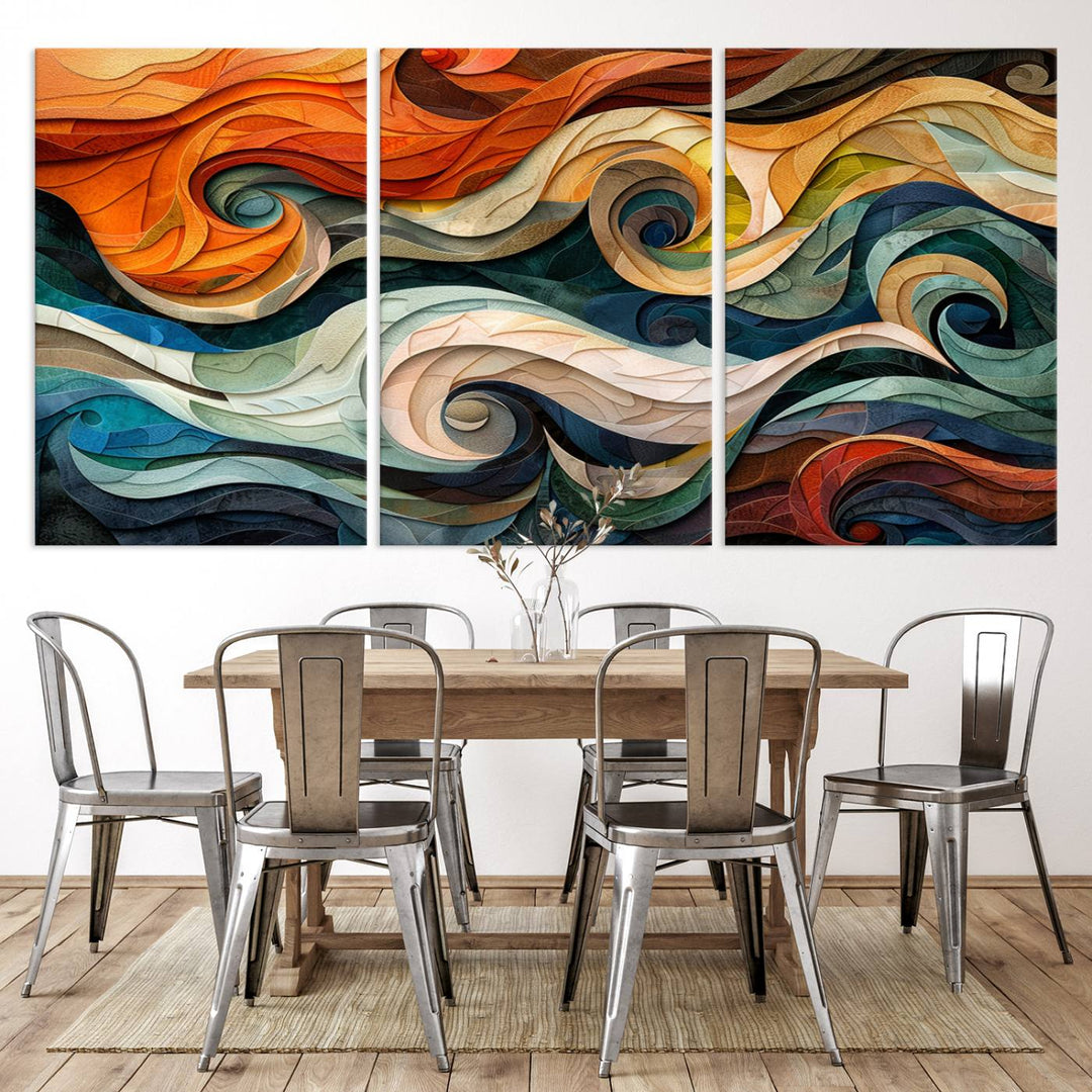 Abstract Wave Wall Art is a ready-to-hang framed canvas print featuring swirling orange, blue, and white patterns. It's perfect for adding vibrant decor to modern spaces.